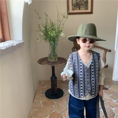 Boys fashion retro printing loose short vests Girls cotton all-match thin waistcoats