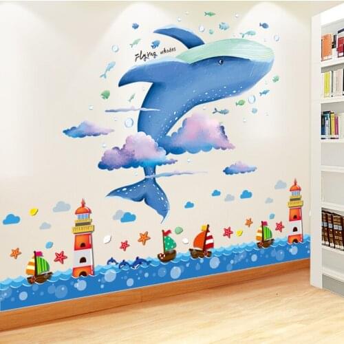 Cartoon Whale Animals Clouds Wall Stickers DIY Lighthouse Boats Mural Decals for Kids Rooms Baby Bedroom Nursery Home Decoration