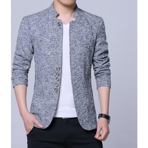 Men Slim Fit Chinese Blazer Jacket Mens Mandarin Collar Blazer Men Bomber Suit Jacket Business Style Fashion Office Male Dress