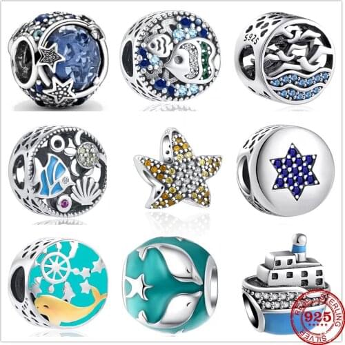 New Original Silver Blue Sea Steamship Fish Charm Bead fit Pandora charms silver 925 beads Bracelet for women DIY Jewelry Gift