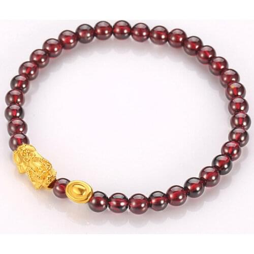 Solid 24k Yellow Gold Bracelet Bless Pixiu with Yuanbao and Garnet Bracelet