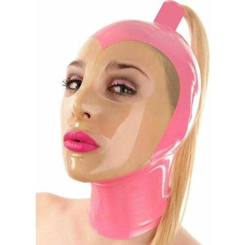 Pink and Transparante Rubber Mask Hood Gummi 0.4mm With Ponytail for Party Latex Bodysuits