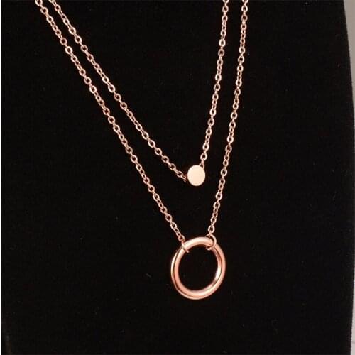 Rose Gold Stainless Steel Necklace for Women Round Choker 2 Layered Pendant Necklace Jewelry