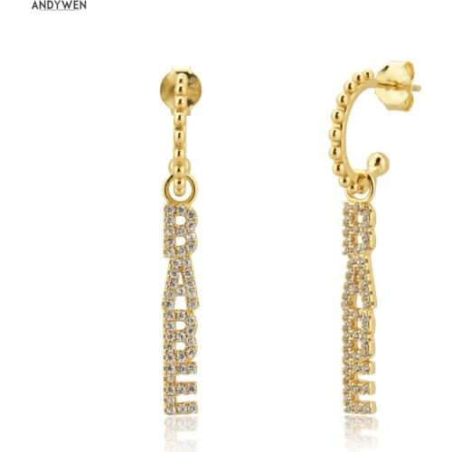 ANDYWEN 925 Sterling Silver Letter BABE Pendiente Piercing Drop Earring Rocl Punk 2020 Fine Jewelry Gold Clear CZ Pave Ohrringe