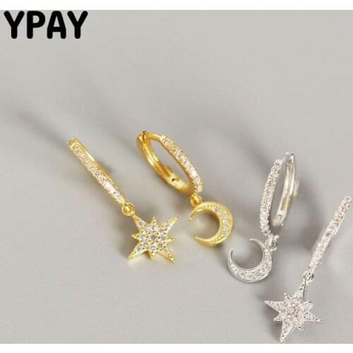YPAY Real 925 Sterling Silver Asymmetry Delicate Shiny Moon Star Snowflake Zircon Earrings for Girl Women Christmas Gift YME553