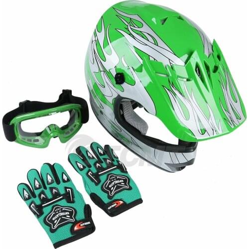 TCMT Motorcycle Youth Kids Green Flame Dirt Bike ATV Motocross Helmet Goggles Gloves S M L XL
