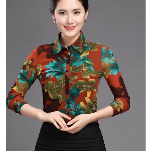 Spring Casual Womens Floral Pattern Full Sleeve Mesh Stretch Blouse Shirt , Fall Office Lady Female Slim 4XL 3XL Blouses Shirts