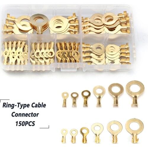 YT 150pcs Ring Type Electrical Cable Wire Connectors Terminals Gold Golden Brass Non-insulated Crimp Terminals Connectors