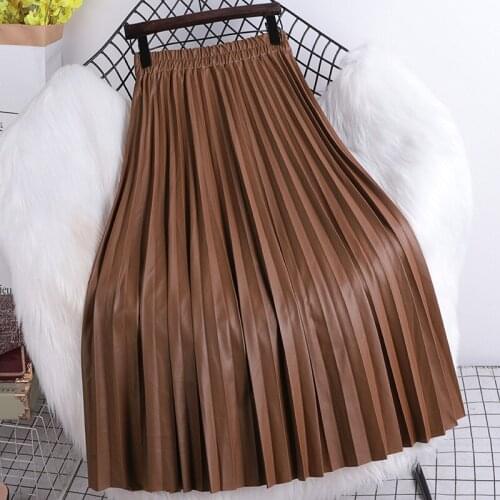 New 2021 Autumn Winter PU Leather Pleated Skirts Elastic High Waist Multi Colors Fashionable All-match Midi A Line Skirt Female