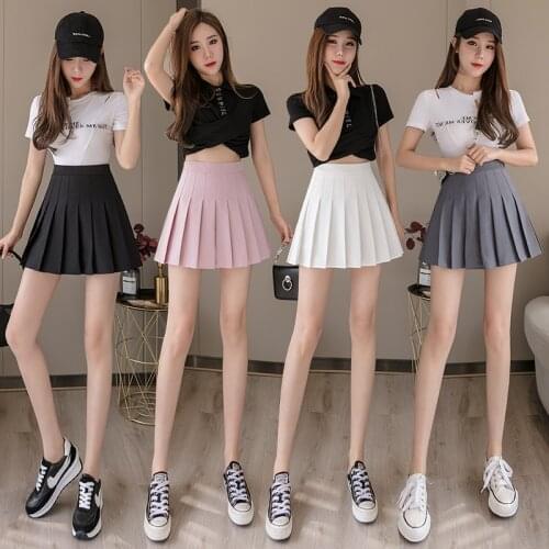 TingYiLi Pleated Skirts Womens High Waist Mini Skirt Black White Gray Pink Korean Ladies Girls Short Skirt