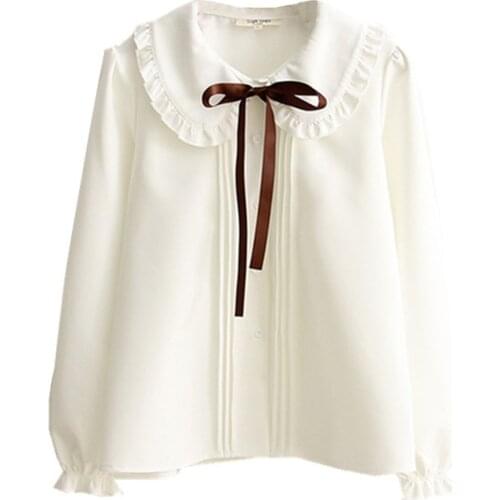 Spring new Women Vintage Elegant Ribbon Bow Ruffled hem Peter pan collar Pleated Ruched White Basic Shirt Soft Cute Blouse