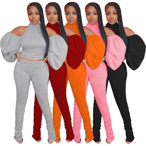 Womens Set Full Sleeve Lantern Sleeve Autumn Halter Crop Top Wide Skinny Pleated Suit Two Piece set NightClub Tracksuit Outfits
