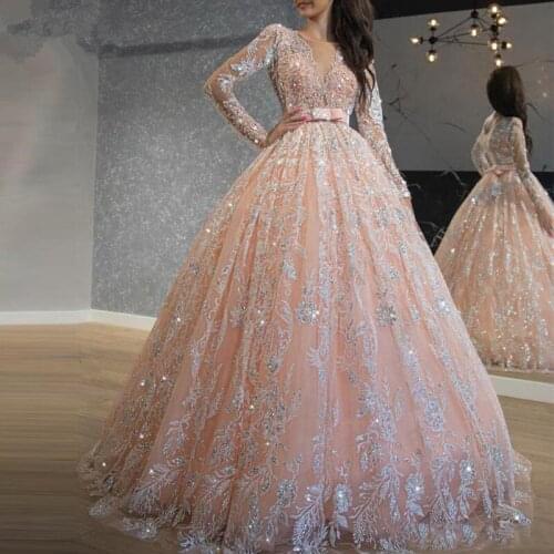 Peach Prom Dresses Ball Gown V-neck Long SleevesTulle Appliques Beaded Long Prom Gown Evening Dresses Robe De Soiree