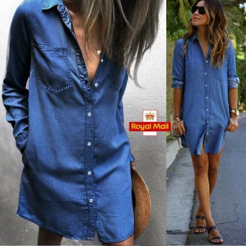 Womens Longline Denim Shirt Dress Ladies Jean Dresses Shirt Size 8 10 12 14
