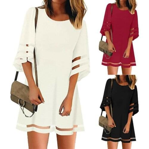 Women Casual Summer Dress Women Trumpet Sleeve Vintage Gauze net Chiffon Shirt Dresses Short Sleeve Mid Women Dress Vestido