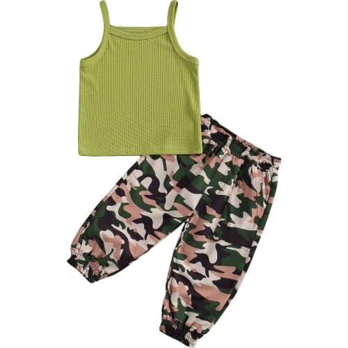 New Girls Clothes Sets Solid Strapless Sleeveless Vest Tops Camouflage Pants 2pcs Set
