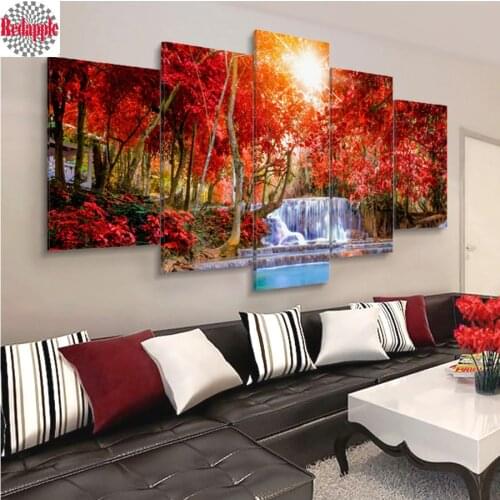 Diamond embroidery 5pcs Forest red tree waterfall Landscape Home Decor Modular Background Picture Modern diamond painting mosaic
