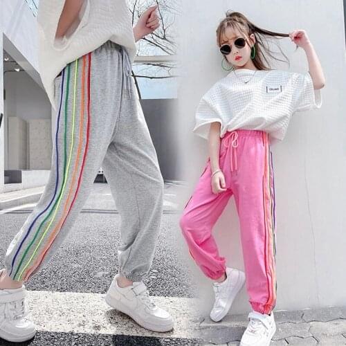 Cargo Pants for Girls Rainbow Side Striped Trousers Loose Cotton Boys Sport Running Pants Children Casual Cargo Pants 4 7 9 11 Y