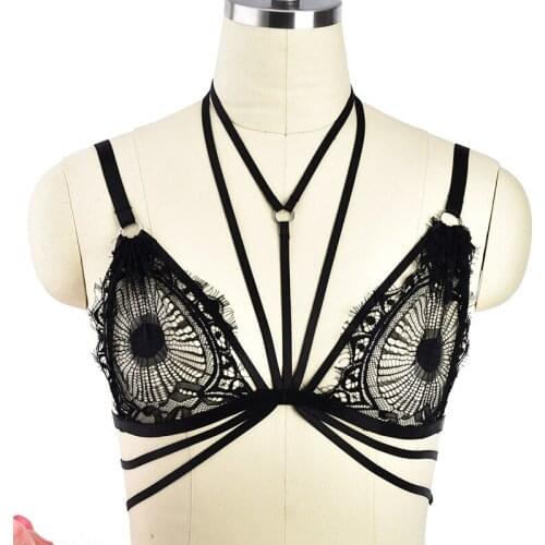 Black Lace Harness Bra Kawaii Wedding Lingerie Hollow Sexy Women Bondage Body Harness Belt Edgy Goth Cage Bra