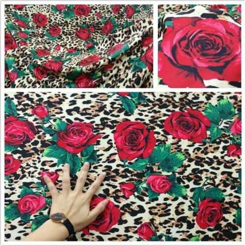 Four-sided stretch milk silk Curry leopard print red rose flower cloth fabric For Sewing cheongsam dress DIY Materials