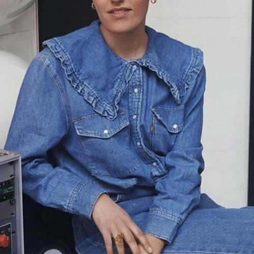 Denim Shirt femme Long Sleeve Ruffles Streetwear boyfriend Chic Chemises Casual blouses Vintage Hauts Tunic blusas tops