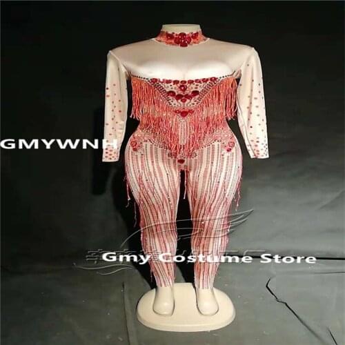 E72 Red tassel bodysuit female stage prom dance costumes party wears jumpsuit dj gogo performance dress outfits catwalk clothes