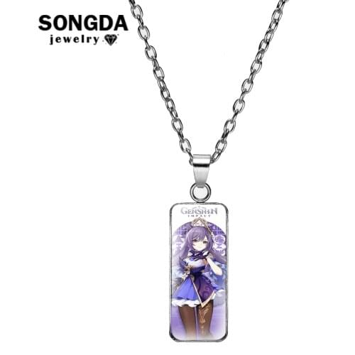Genshin Impact Rectangular Necklace Anime Cartoon Character Glass Lady Accessories Neck Jewelry for Girl Women Teens Fans Gifts