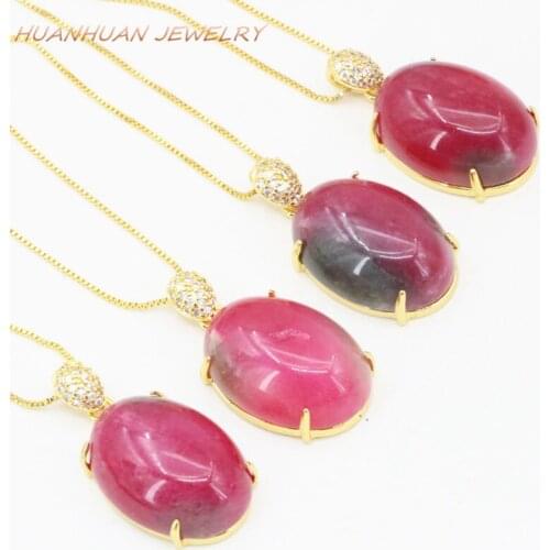 Red Natural Stone Chalcedony Jades Pendant For Women Stainless Golden Steel Necklace Pendants Chain 18x30mm Zircon Jewelry B3316