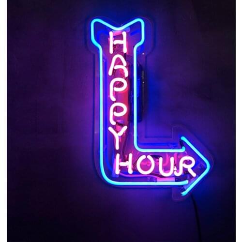 14“ Happy Hour Arrow Right Acrylic Custom Neon Light Lamp Sign Beer Bar Handmade Decorate Home Wall Room Windows Tube Artwork