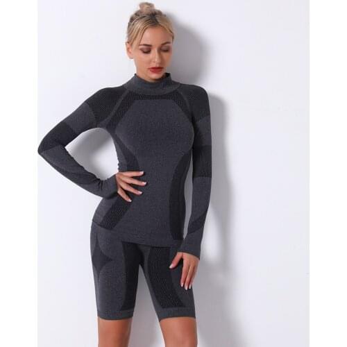 Seamless knitted sexy striped breathable long-sleeved shorts suit yoga wear sports fitness pants