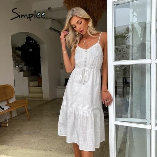 Simplee Cotton White V-neck suspender women dress Summer Solid high waist ruffled A-line dresses Elegant lace-up button dress