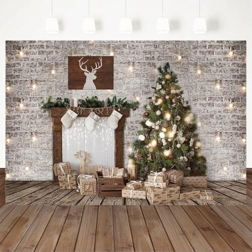 Christmas Backdrops for Photography Xmas Winter Family Party Banner Decor Background Warm Light Brick Wall Wood Floor Snowflake