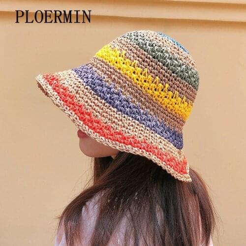 2011 New Female Handmade Crochet Rainbow Colors Wide Brim Foldable Straw Hats For Women Summer Anti-uv Sun Hat Beach Womens Hat