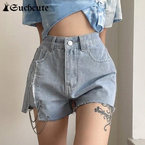 SUCHCUTE Chic Chain Streetwear Jeans Shorts High Waist Harajuku 90s Skinny Female Denim Shorts Summer Fashion Side Split Shorts
