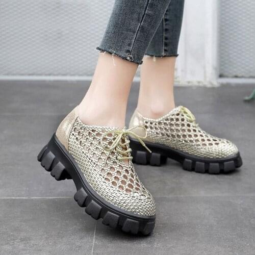 New Genuine Leather Women Shoes 2021 Spring Summer Woman Hollow Breathable Flat Platform Shoes Woven Hole Handmade Shoes Mujer