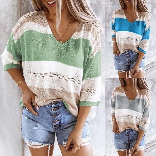 Ladies spring/summer 2021 new beach knitwear top new stripe color hollow-out casual loose sweater