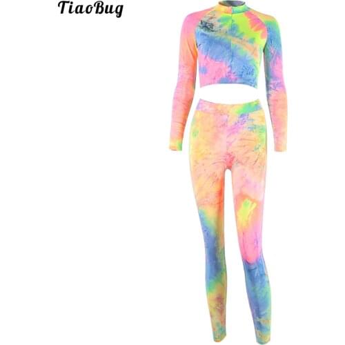 Summer 2Pcs Women Seamless Tie Dye Sportsuits Long Sleeve Zipper Crop Top Leggings Outfits Sets Fitness Sports Yoga Clothing