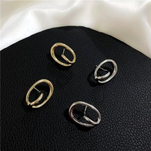 Chic Korean Gold Silver Color Irregular Geometric Oval Circle Stud Earrings for Women Accessories Girl Gift Fashion Jewelry