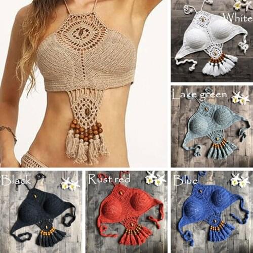 Bikini Top 2019 Push Up Bandage Bikini Bra Halter Retro Swimsuit Solid Crochet Tassels Top Women Underwear Swimming Wear