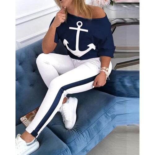 2 Piece Set Tracksuit Women Boat Anchor Print Two Piece Set Top And Pants Femme Clothes Elastic Waist Long Pants Set Lounge Wear