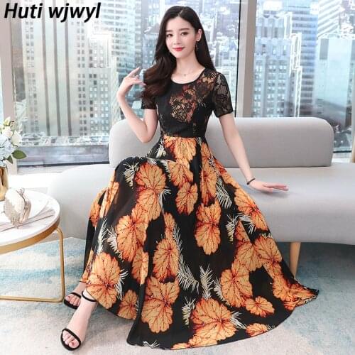2021 Spring Summer Chiffon Beach Midi Sundress Plus Size Vintage Print Runway Sexy Lace Maxi Dress Women Bodycon Party Vestidos
