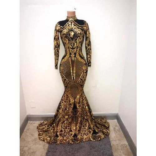 Gold And Black Long Sleeves Mermaid Black Girl Prom Dresses 2020 Elegant High Neck African Formal Evening Gowns Graduation Dress