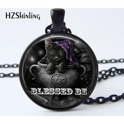 2017 New Arrival Wiccan Pendant Necklace Witchcraft Pagan Pentagram Black Black Magic Jewelry Glass cabochon Jewelry HZ1