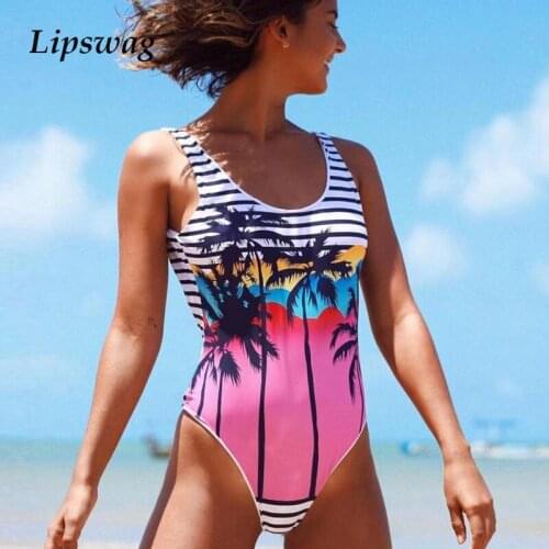 2021 Sexy Coconut Striped Print 1 Piece Swimsuit Women Push Up Bikini Swimwear Monokini Bodysuit Backless Bathing Suit Beachwear