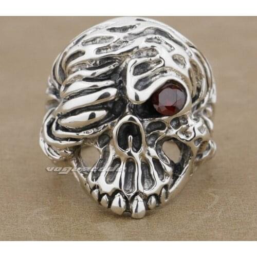 925 Sterling Silver Red CZ Stone Eye Skull Ring Mens Biker Punk Ring 9K019 US Size 7 to 15