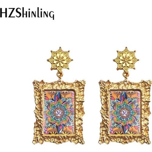 Abstract Mandala Painting Modern Tibetan Thangka Retro Frame Dangle Drop Earrings Glass Cabochon Jewelry Earrings for Girls