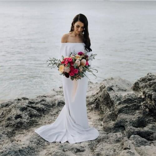 Off Shoulder Satin Beach Wedding Dress Sweep Train Simple Elegant Large Size Custom Made Garden Off White Mermaid Bridal Gown