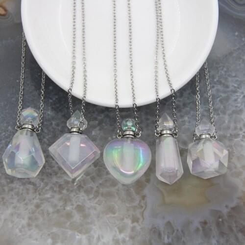 5 Shape Stainless steel Chains Rainbow Aura Crystal Perfume Bottle Pendant Necklace,AB Quartz Essential Oil Diffuser Vial Charms