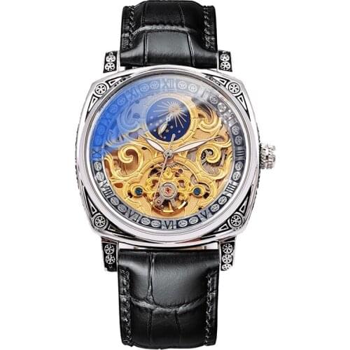 Automatic Mechanical Watch Mens Hollow Through The Bottom Casual Luminous Moon Phase Leather Waterproof Clock Relogio Masculino