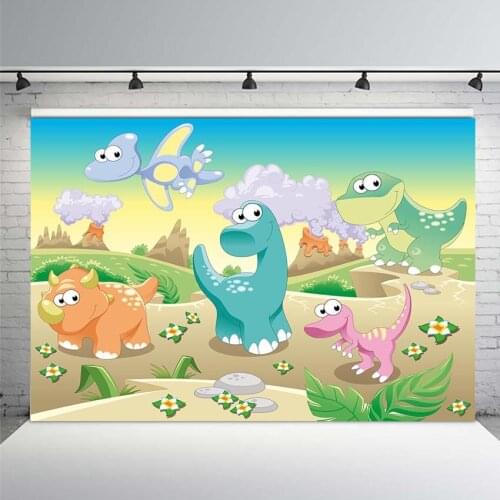 Mehofoto Backdrop for Photographic Studio Green Plants Surround Different Cute Dinosaur Birthday Background Photobooth